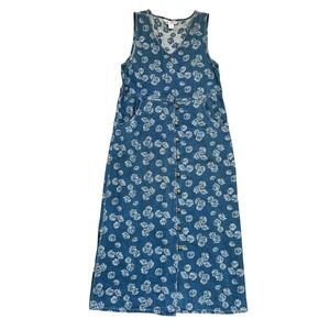 Jane Ashley Vintage Denim Floral Maxi Dress Blue Cotton Button Front preppy M